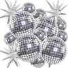 A set of six metallic silver disco ball balloons, resembling starburst shapes, are displayed.