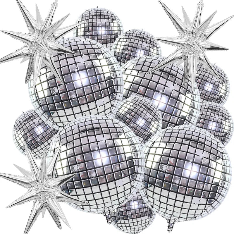 A set of six metallic silver disco ball balloons, resembling starburst shapes, are displayed.