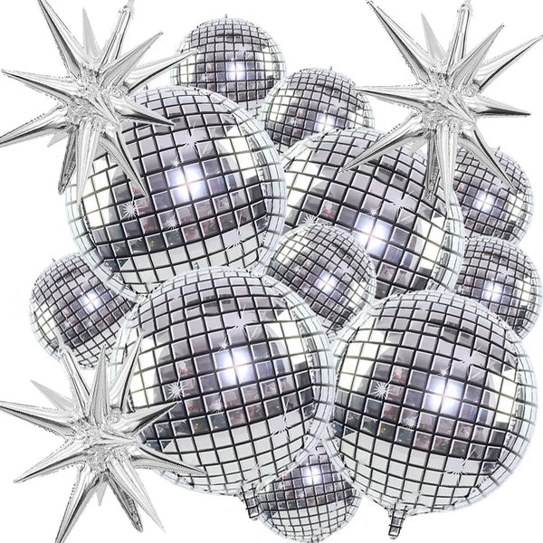 A set of six metallic silver disco ball balloons, resembling starburst shapes, are displayed.