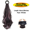 Mixed Milky Lavender Pink hair extensions in a long ponytail, 20 inches long.