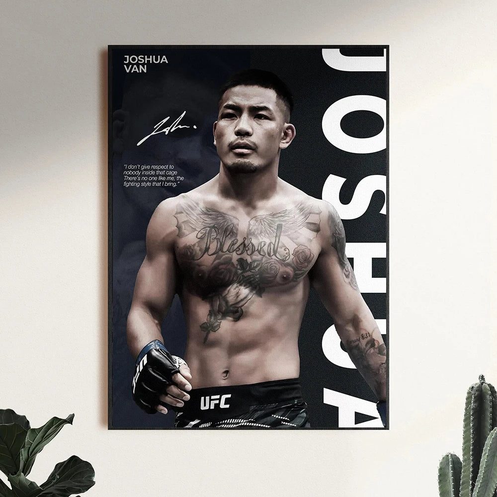 A portrait of Joshua Van in a boxing stance displayed as motivational canvas wall art.