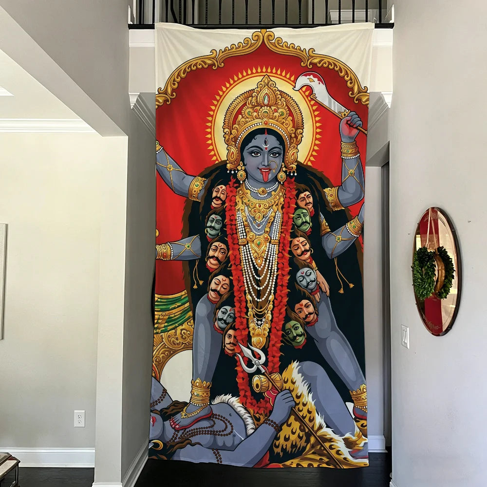 A vibrant wall art banner depicting Maa Kali with dark skin, multiple arms, and traditional jewelry against a red background.