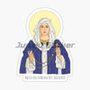 A sticker featuring an illustration of Our Lady of the Rosary with a halo and blue robes.