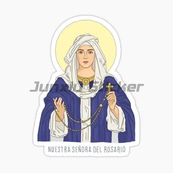 A sticker featuring an illustration of Our Lady of the Rosary with a halo and blue robes.