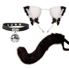Black furry cat ear headband and tail costume set with black velvet bow accents