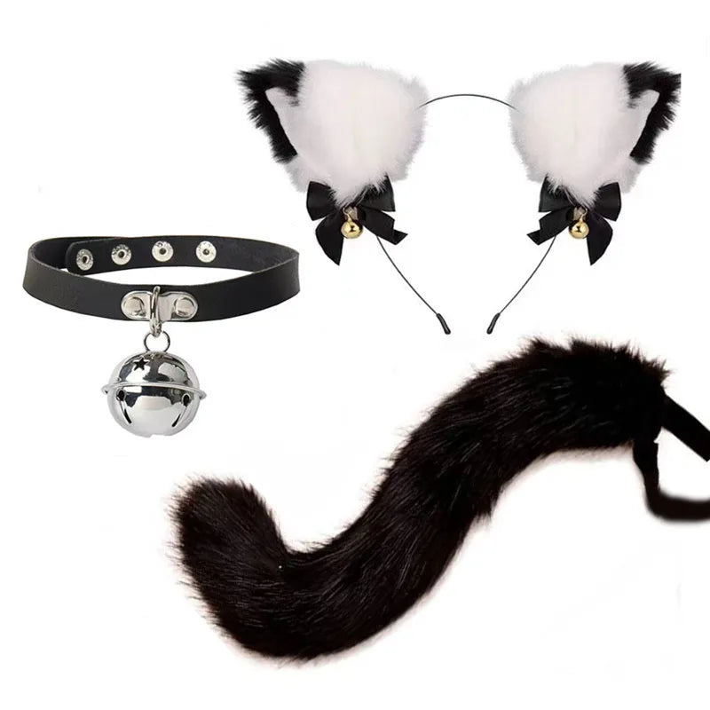 Black furry cat ear headband and tail costume set with black velvet bow accents