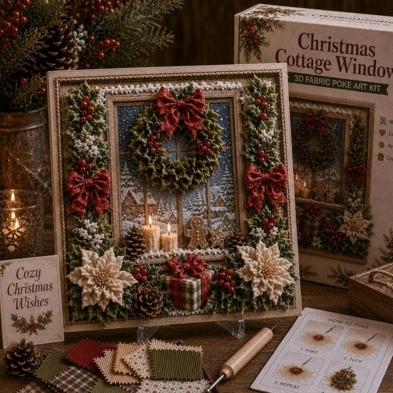 A box of Christmas 3D fabric poke art kit featuring a winter forest scene with evergreen branches and red berries.