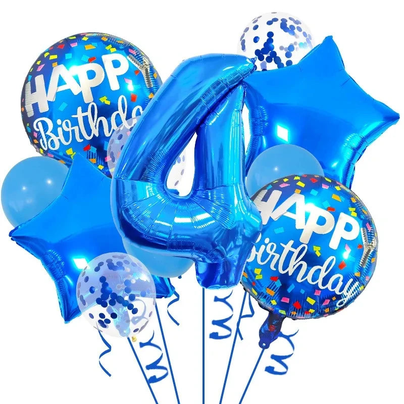 A set of blue and silver foil balloons spelling out the number four and the words happy birthday for a boy's celebration