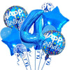 A set of blue and silver foil balloons spelling out the number four and the words Happy Birthday