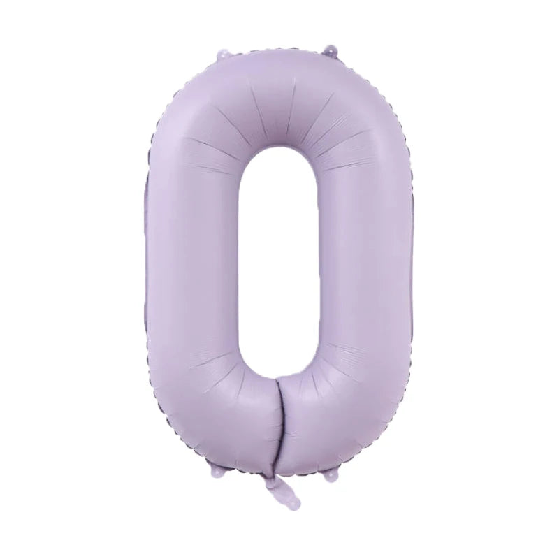 A purple foil number balloon shaped like the digit zero.