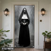 A full-length photograph of a woman dressed as a creepy nun in a black habit and veil displayed on a door banner.