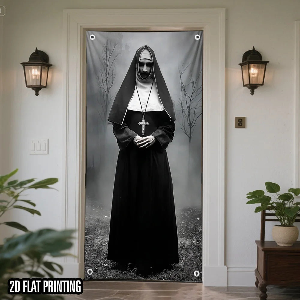 A full-length photograph of a woman dressed as a creepy nun in a black habit and veil displayed on a door banner.