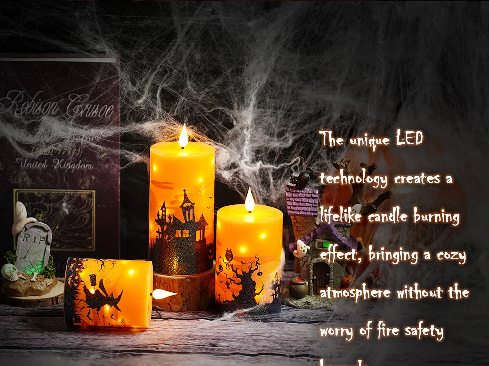 A display of glowing orange LED pillar candles set against a dark background with wispy smoke effects.