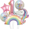 A collection of pink and iridescent foil balloons, including a number one, a star, and a unicorn head.