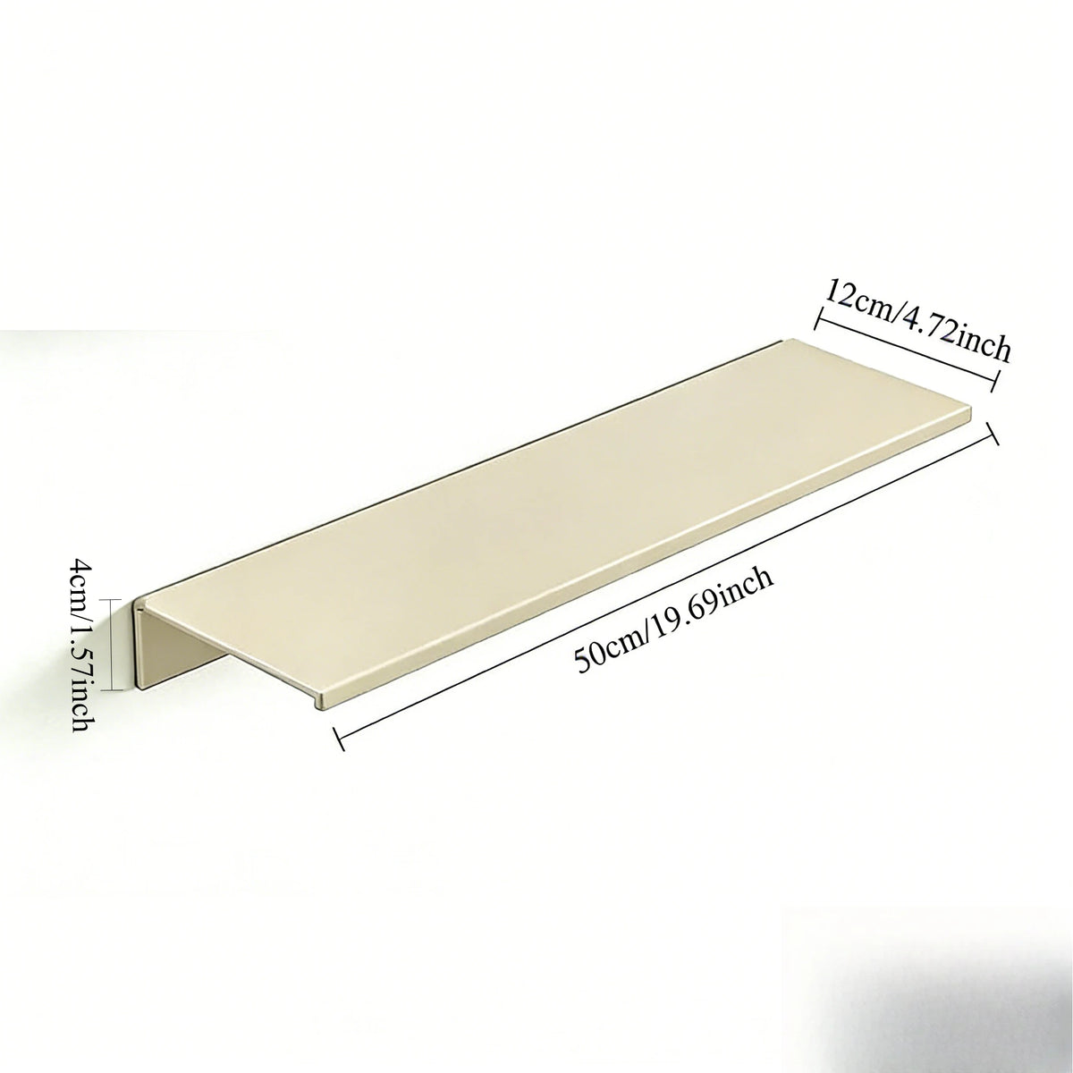 A rectangular aluminum floating wall shelf in a beige color shown from the side with dimensions 50cm long and 4cm deep.