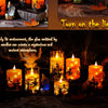 A collection of glowing LED pillar candles illuminating a dark, atmospheric scene for Halloween decor.