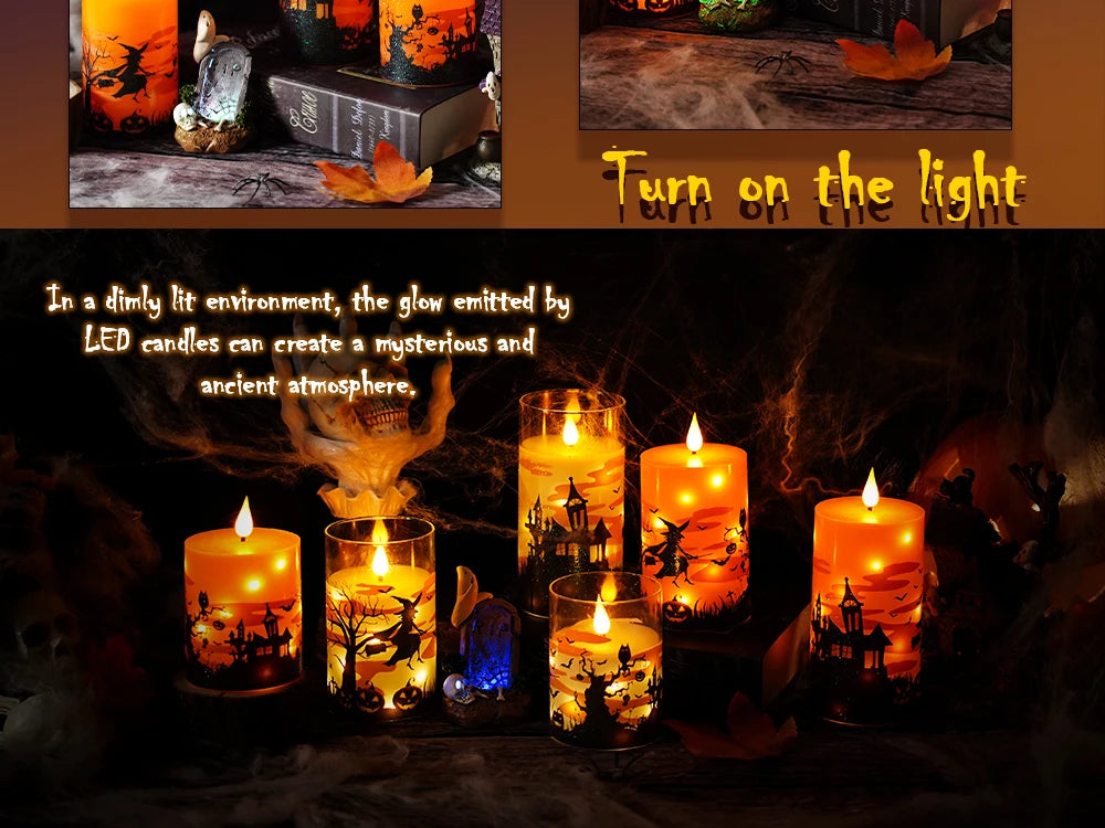 A collection of glowing LED pillar candles illuminating a dark, atmospheric scene for Halloween decor.