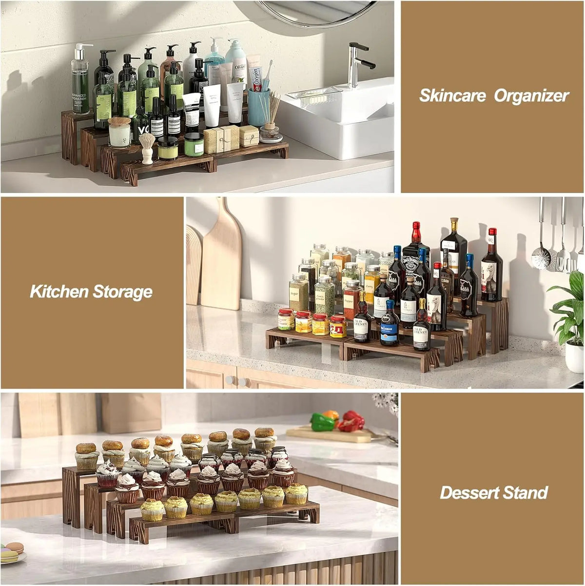 Three wooden tiered display stands used for organizing skincare, kitchen storage, and dessert presentation.