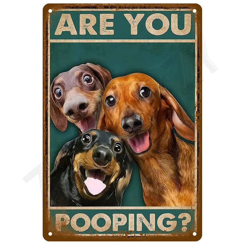 A vintage tin sign featuring three dog faces asking Are You Pooping?