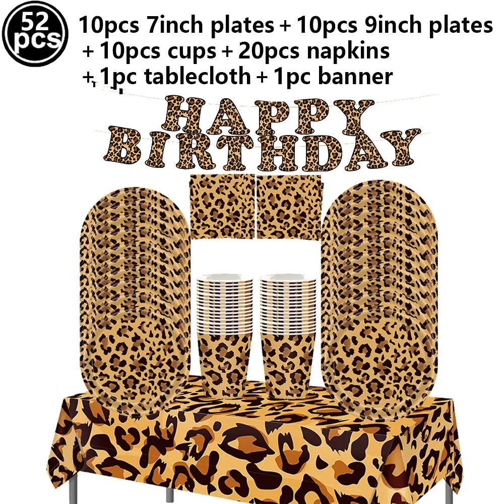 A set of leopard print foil balloon party decorations including plates, cups, napkins, a tablecloth, and a banner.