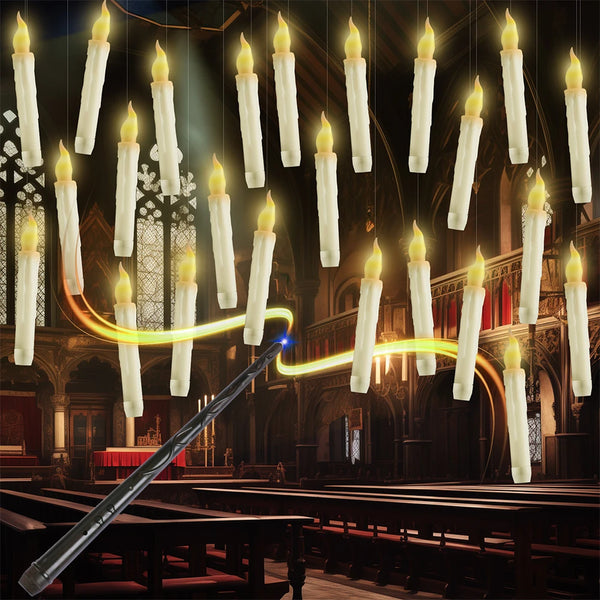 Halloween LED floating candles suspended by wires, with a magic wand illuminating them in a church setting.