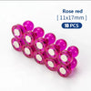 A pack of 10 rose red neodymium pin magnets with plastic shells, measuring 11x17mm.