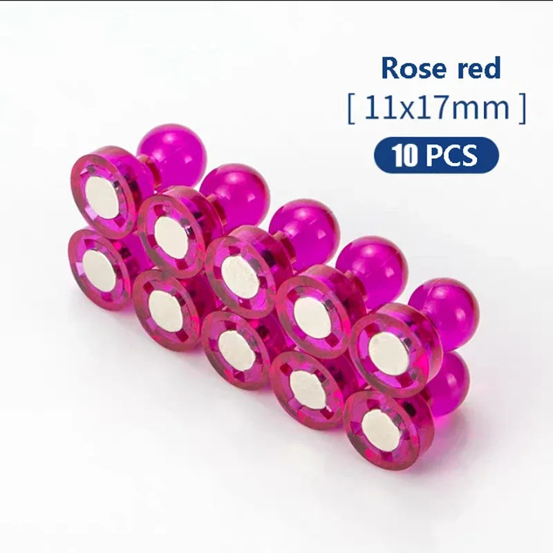 A pack of 10 rose red neodymium pin magnets with plastic shells, measuring 11x17mm.