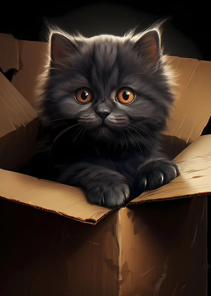 A fluffy gray kitten with large orange eyes peeks out from a cardboard box.