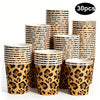 A stack of 30 paper cups decorated with a leopard print pattern for party use.