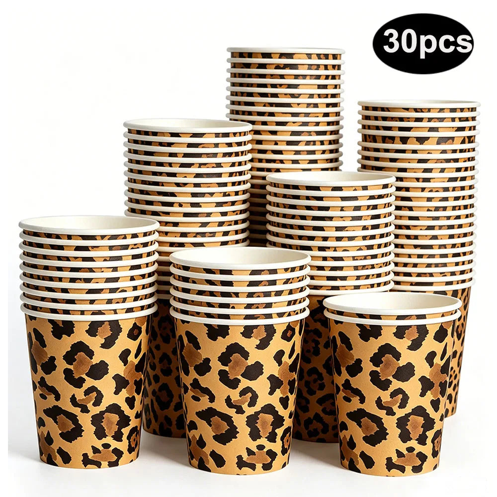 A stack of 30 paper cups decorated with a leopard print pattern for party use.