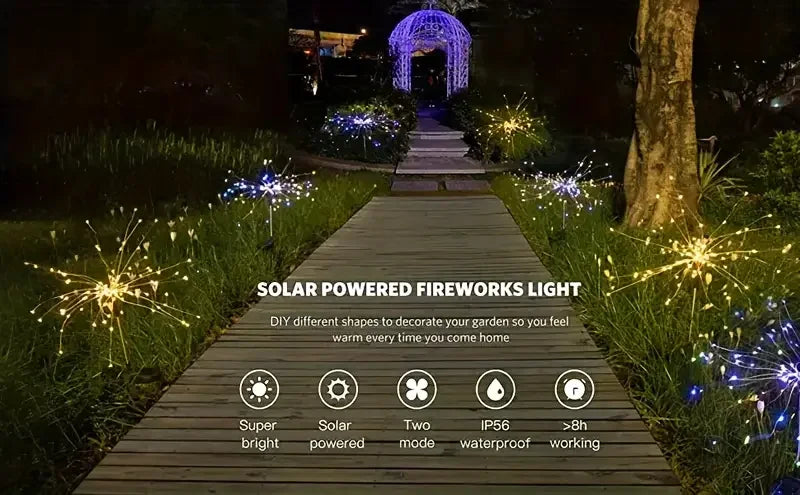 Solar powered fireworks light garden path illuminating a walkway with sparkling lights