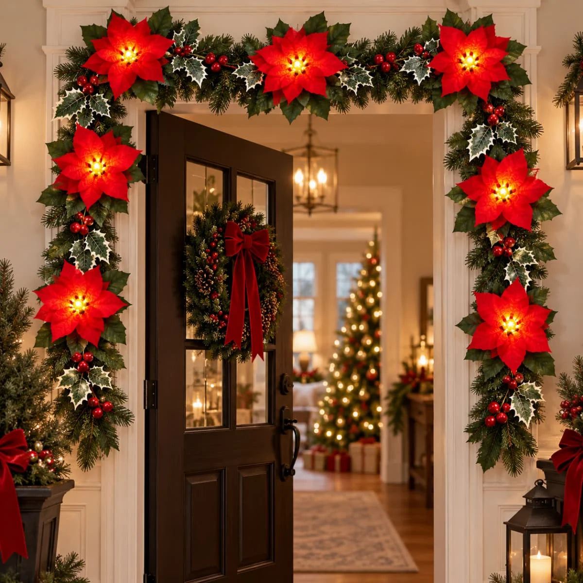 An LED poinsettia garland with warm white lights decorating a doorway for Christmas holiday decor.