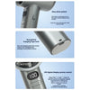 Close-up views of a portable handheld fan showing the one-click switch, hanging rope hole, and LED digital display control.