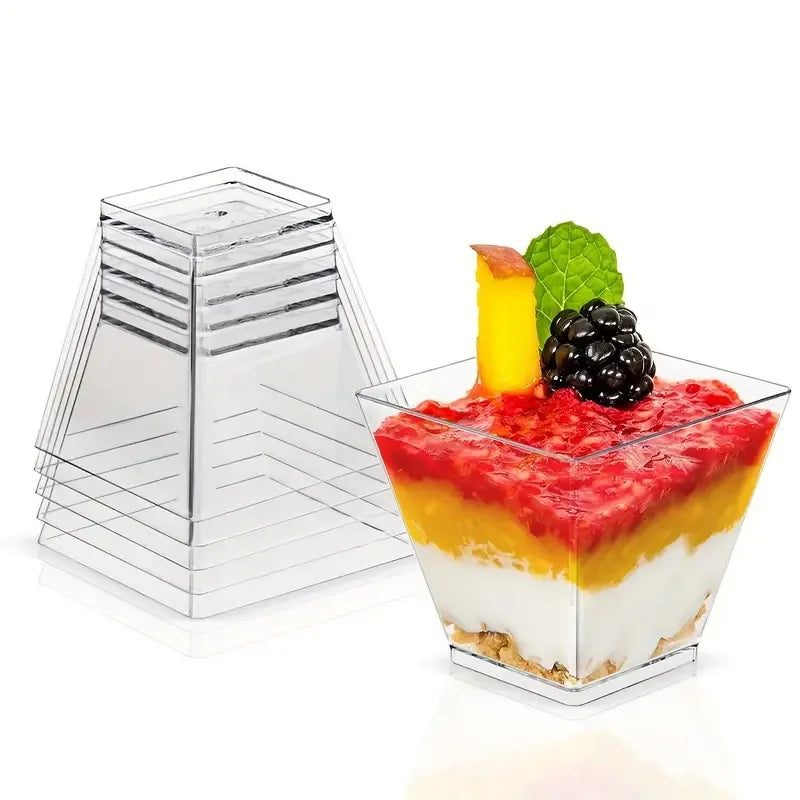Clear Plastic Mini Dessert Cups with Spoons – Square Parfait & Appetizer Bowls for Parties