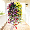 A vibrant outdoor patio simulation featuring a dense garland of artificial flowers in purple, yellow, and pink hues hanging i