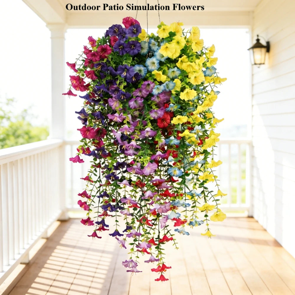 A vibrant outdoor patio simulation featuring a dense garland of artificial flowers in purple, yellow, and pink hues hanging i