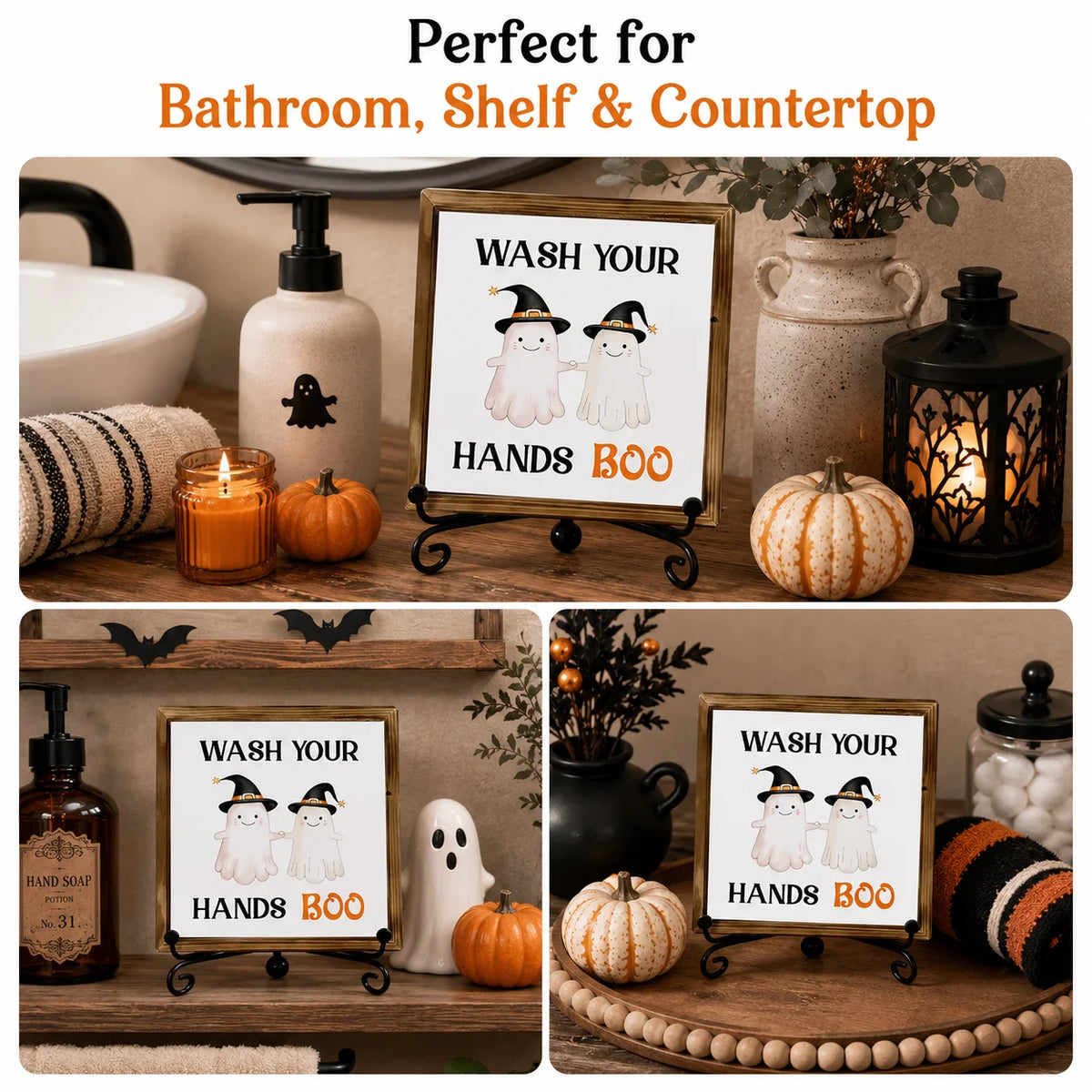 Halloween ghost bathroom decor sign featuring two white ghosts and the text WASH YOUR HANDS BOO displayed on a wooden shelf.
