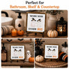 Halloween ghost bathroom decor sign featuring two white ghosts and the text WASH YOUR HANDS BOO displayed on a wooden shelf.