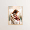 A painting depicting Jesus Christ embracing a child in a soft, ethereal light.