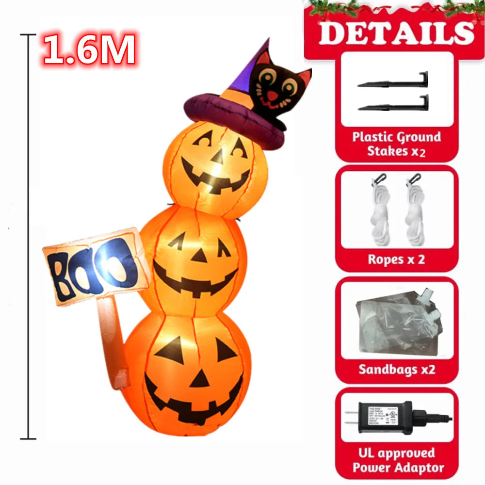 An inflatable Halloween pumpkin decoration with a cat face and built-in LED lights.