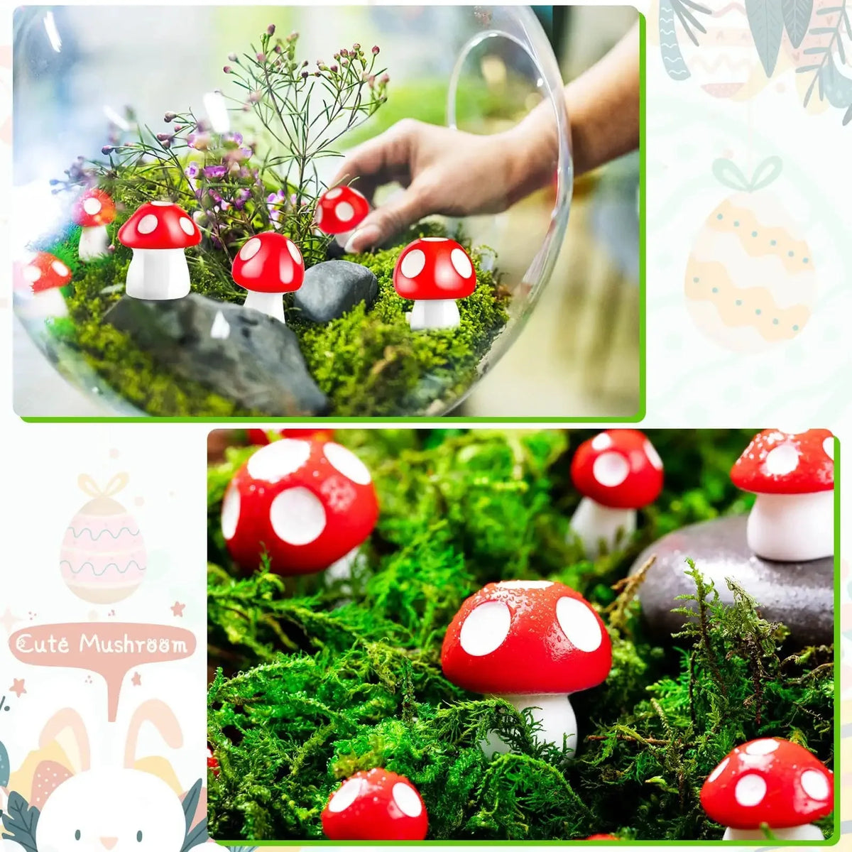 A set of resin mini mushroom figurines featuring red caps and white stems growing in moss and rocks.