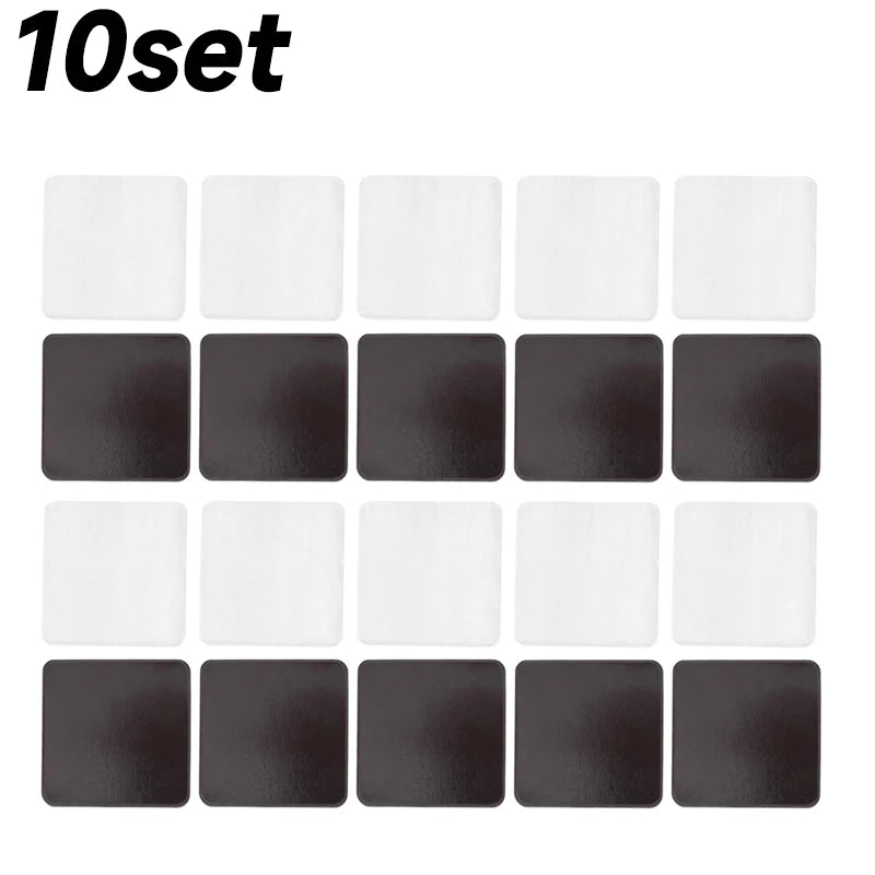 A set of ten clear acrylic fridge magnets, featuring alternating white and black designs.