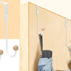 White heavy duty over-the-door hooks organized on a wooden door with various items hanging.