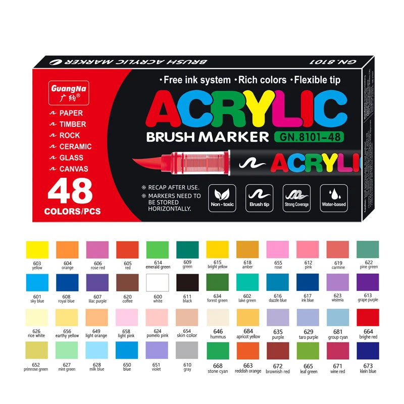 Box of GN.8101-48 acrylic brush markers featuring 36 colors including blue, green, and red.