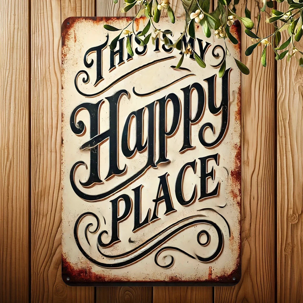 A rustic iron wall sign with carved text that reads This Is My Happy Place mounted on a wooden surface.