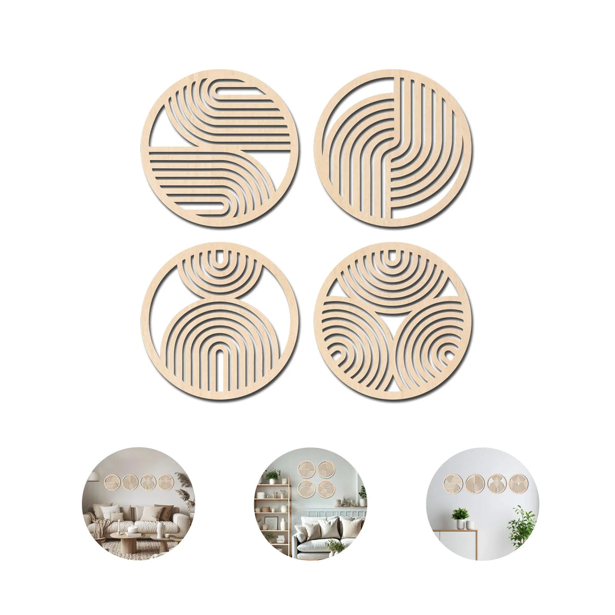 A set of four circular wooden wall art pieces with concentric line patterns.
