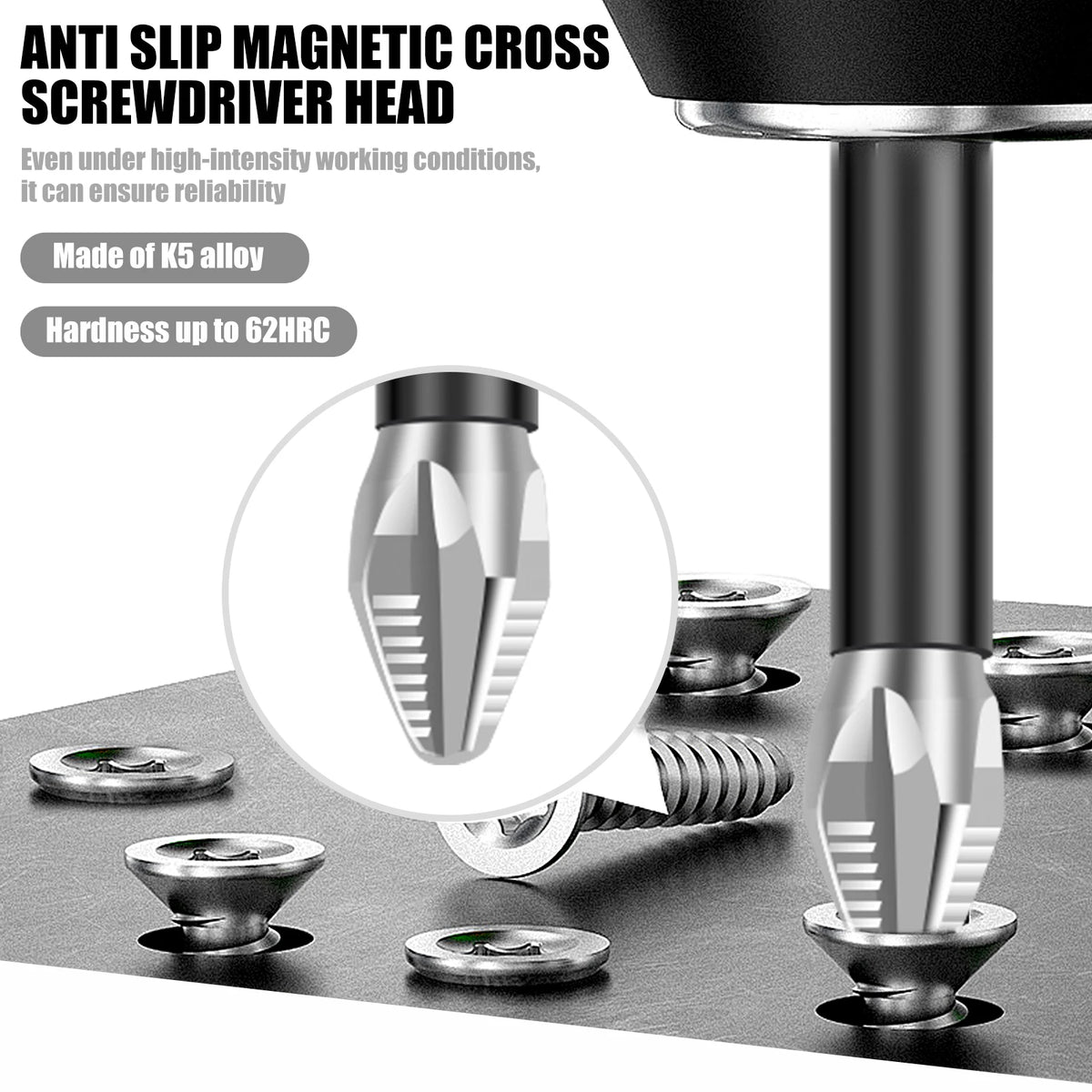 Close-up view of an anti-slip magnetic cross screwdriver head made of K5 alloy being used on a tool.