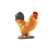 A realistic figurine of a rooster with orange and black feathers and a red comb.