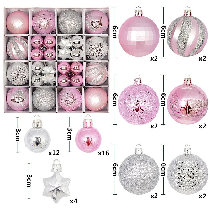 A set of 44 festive Christmas ball ornaments in various shades of pink and silver glitter.