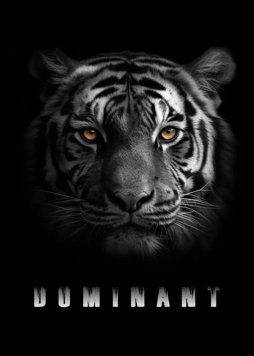 A close-up portrait of a tiger's face with intense yellow eyes against a black background, featuring the word DOMINANT below.